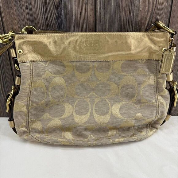 Coach Handbags - Coach Purse Gold Canvas Leather Jacquard Tote Hobo Shoulder Bag L0868-13500